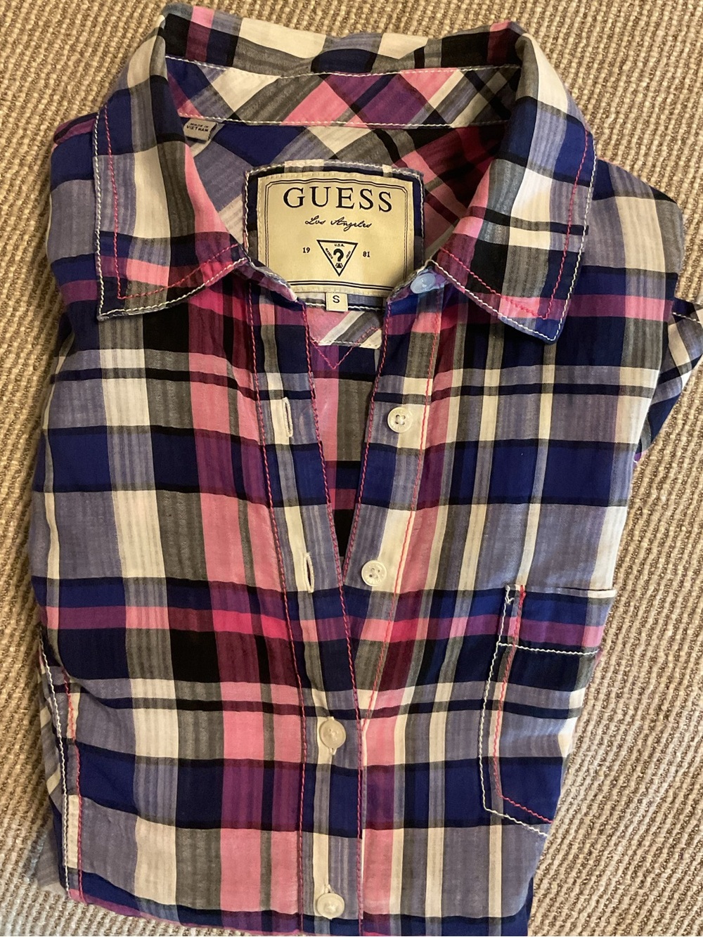 *Guess* Plaid Button-Down Shirt with adjustable sleeves .